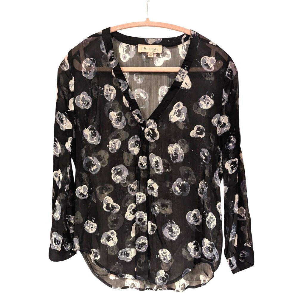 Philosophy‎ Floral Blouse S Black Excellent Sheer V-Neck Long Sleeve Boho Top